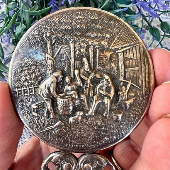 Vintage Hans Jensen Denmark Silver-plate Pocket/Purse Mirror Country Music Scene - Picture 3 of 9